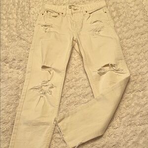 Free People Cream Distressed Straight Leg Jeans